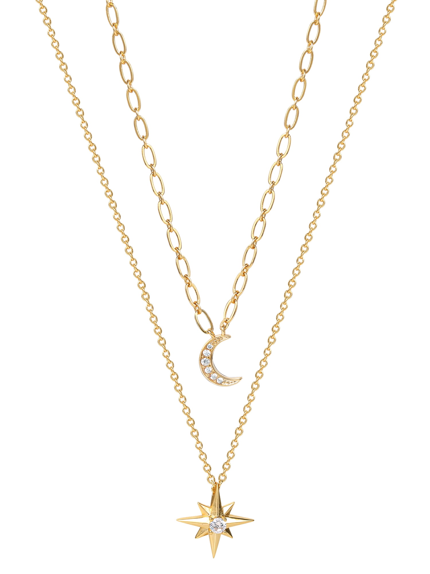 Believe by Brilliance 14kt Gold Flash Plated Layered Cubic Zirconia Star and Moon Necklace Set