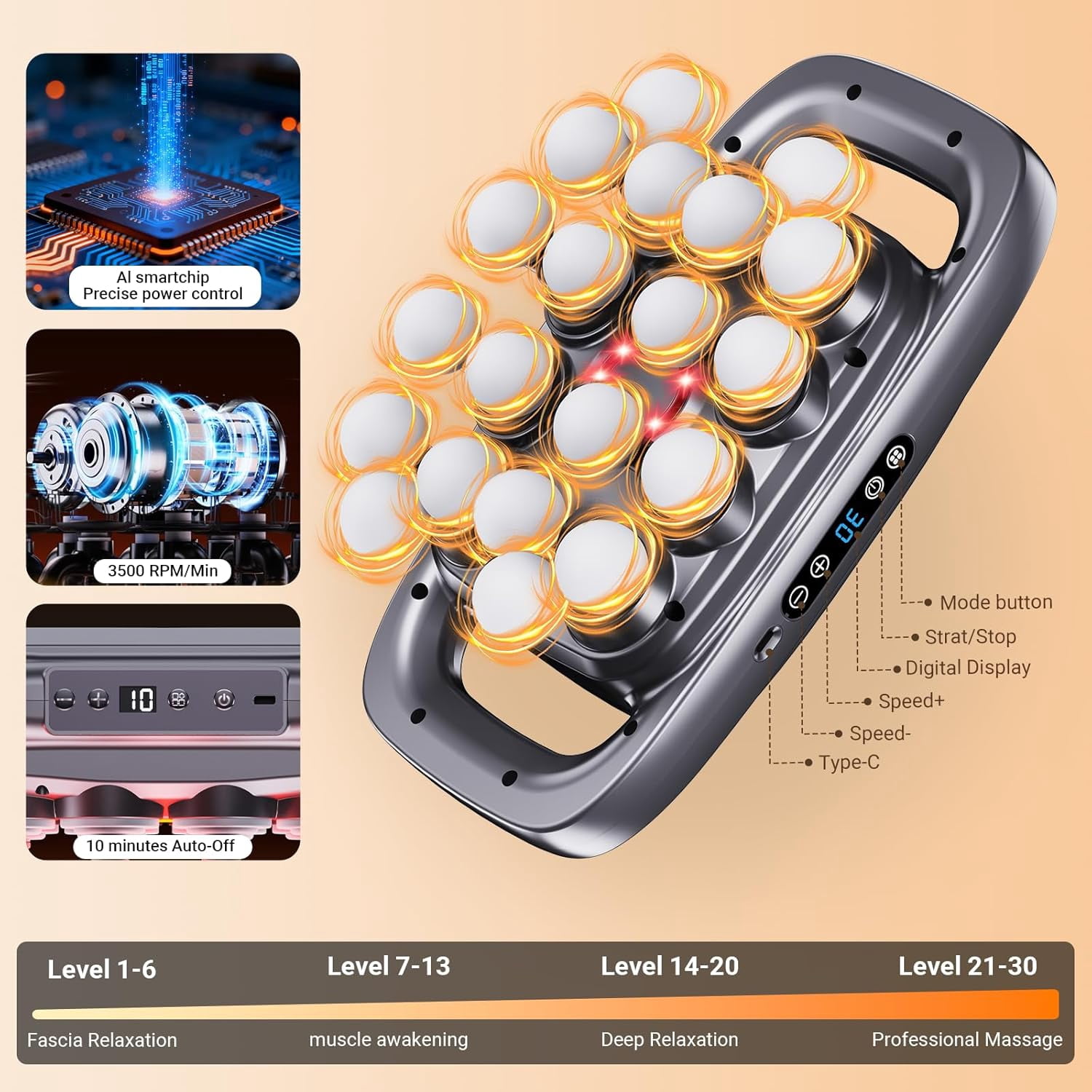 20 Head Massage Gun Deep Tissue, 2026 Upgrade Back Muscle Massager with 3 Modes & 30 Intensities, 2600mAh Battery Quiet Percussion Massager for Legs, Waist, Back Pain Relief