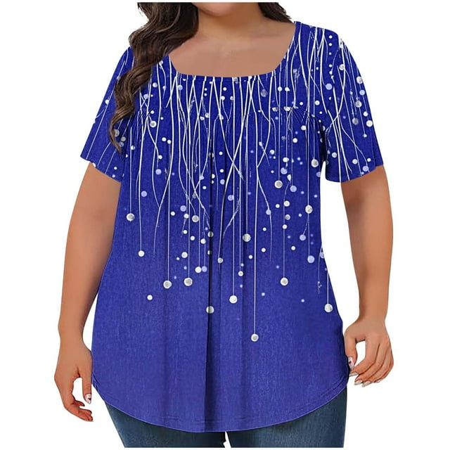 Tops Cortos para las Mujeres Impreso Cuello de Gran Tamaño Plisado Manga Corta Suelta Superior en Tamaños Más L-5xl