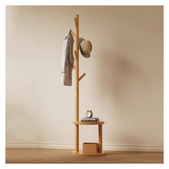 Free Standing Hall Coat Tree with Storage Shelf and 6 Hooks,Wood Hall Coat Tree Stand Tree Rack with Round Base,Entryway Coat Stand for Hallway