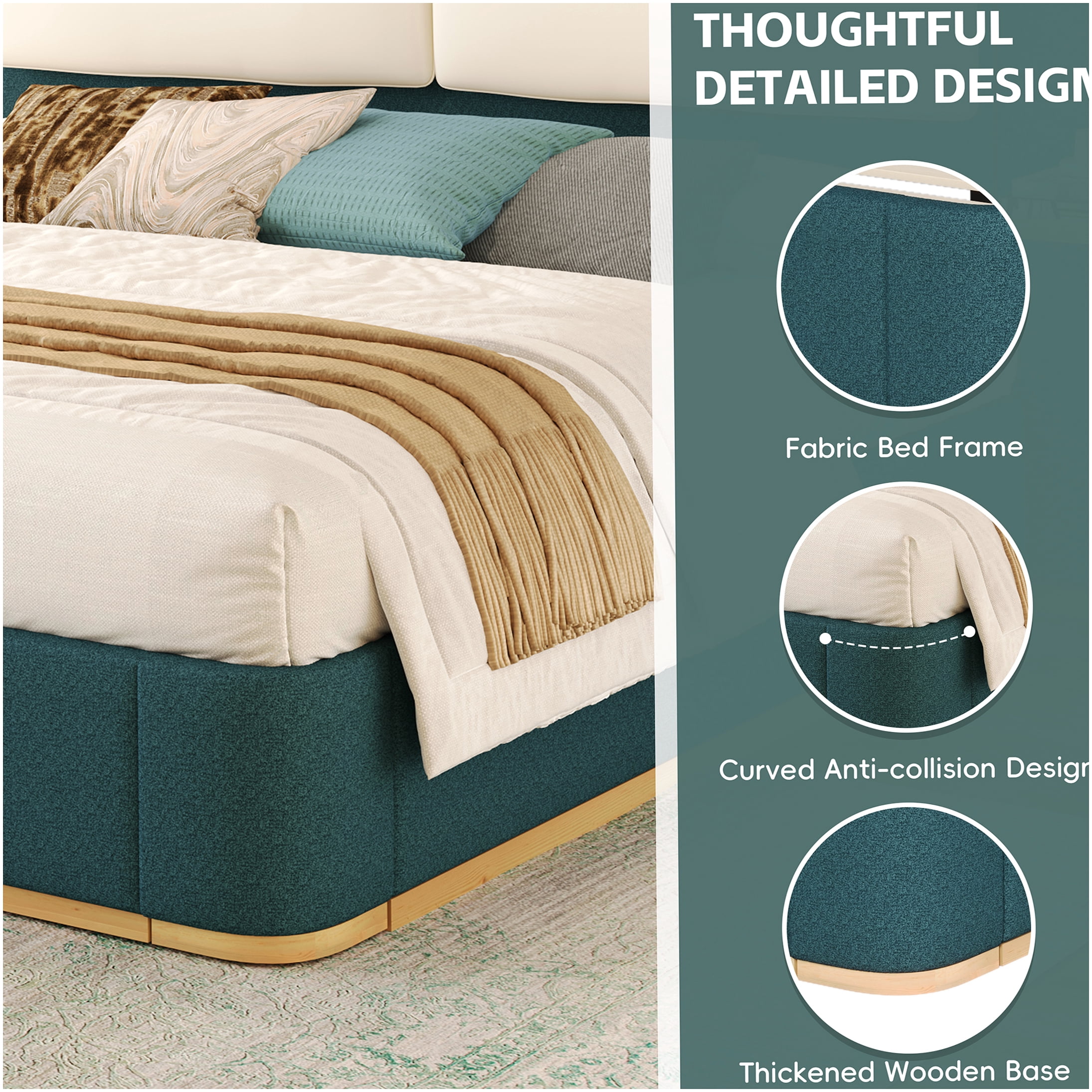 Green Upholstered Queen Bed Frame with Storage Shelves and Headboard