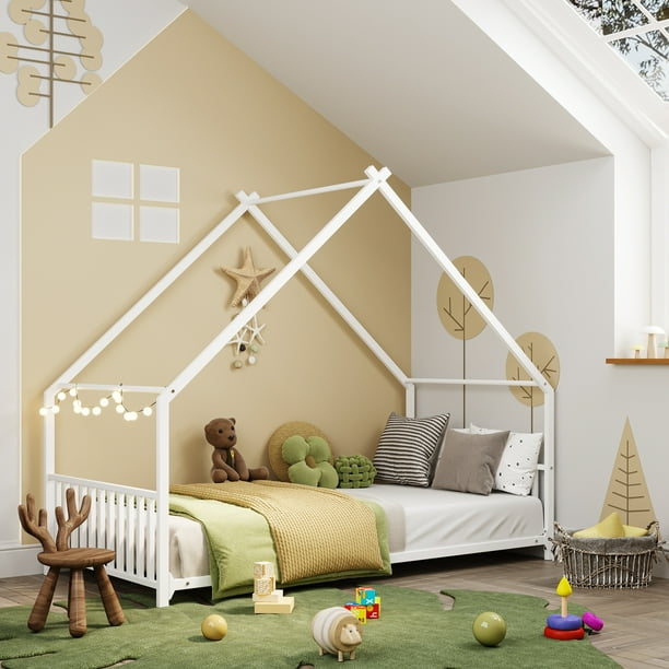 FABATO Base de Cama Montessori para niños - Tamaño Base Cama Individual -Muebles con Marco de Metal y diseño Estilo casa para niños con Techo Triangular - (Blanco)