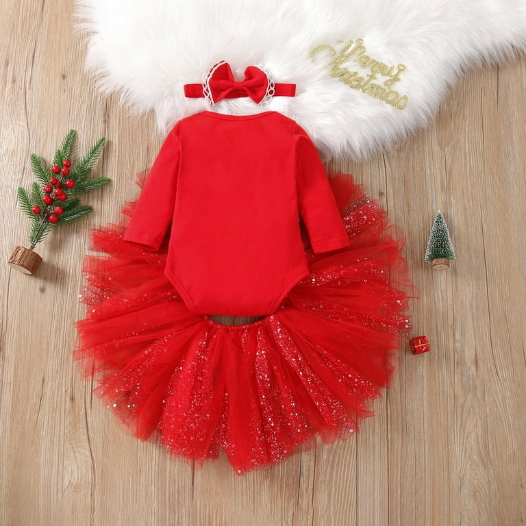 3 to 6 Month Baby Girl Clothes Xmas Baby Girls Long Sleeve Cartoon Print Romper Bodysuit Tops Tulle Dress With Headbands Christmas Outfits Set 3PCS