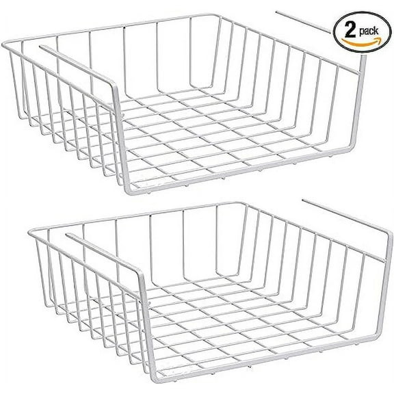 Nvzi 2 x Hanging Basket Organiser, Hanging Under Shelf Storage Basket for Kitchen Cupboards, Cabinets, Shelves, Low Furniture (White)