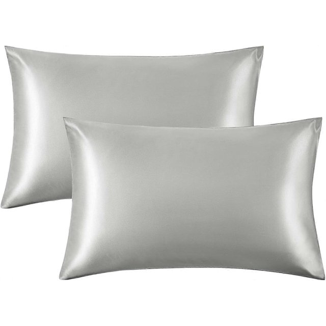 Funda de almohada de satén para cabello y piel tamaño Queen - Juego de 2 fundas de almohada de seda gris plateado de 50,8 x 76,2 cm - Juego de 2 fundas de almohada de satén con cierre de sobre