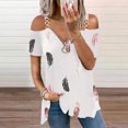 thumbnail image 2 of USSUMA Womens Tops Dressy Casual Summer Summer Tops for Womens V Neck Short Sleeves Zipper Tees Hollow Out Cold Shoulder Tunic Feather Printed T Shirts, 2 of 8