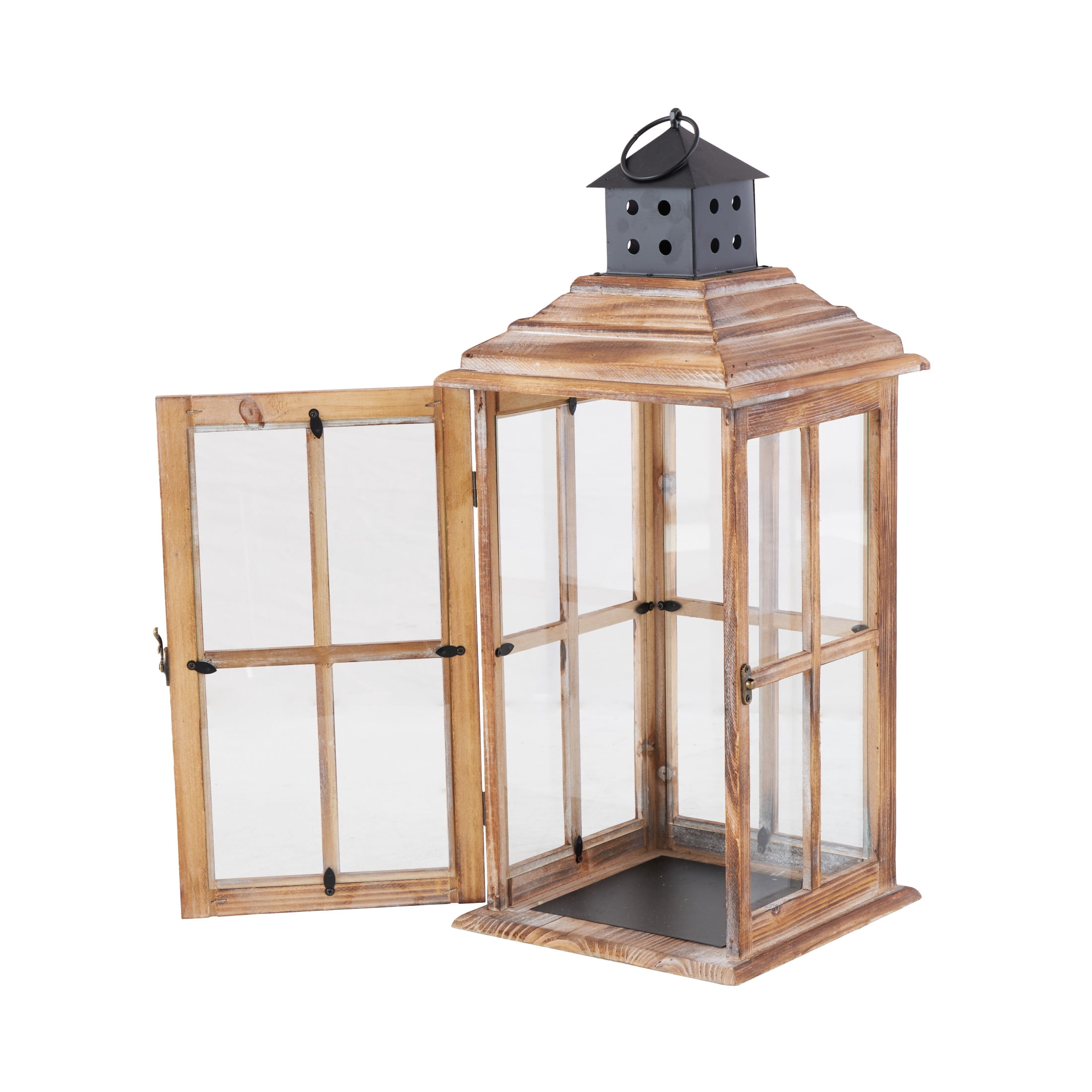 DecMode Brown Wood Light House Decorative Candle Lantern with Black Ring Handle