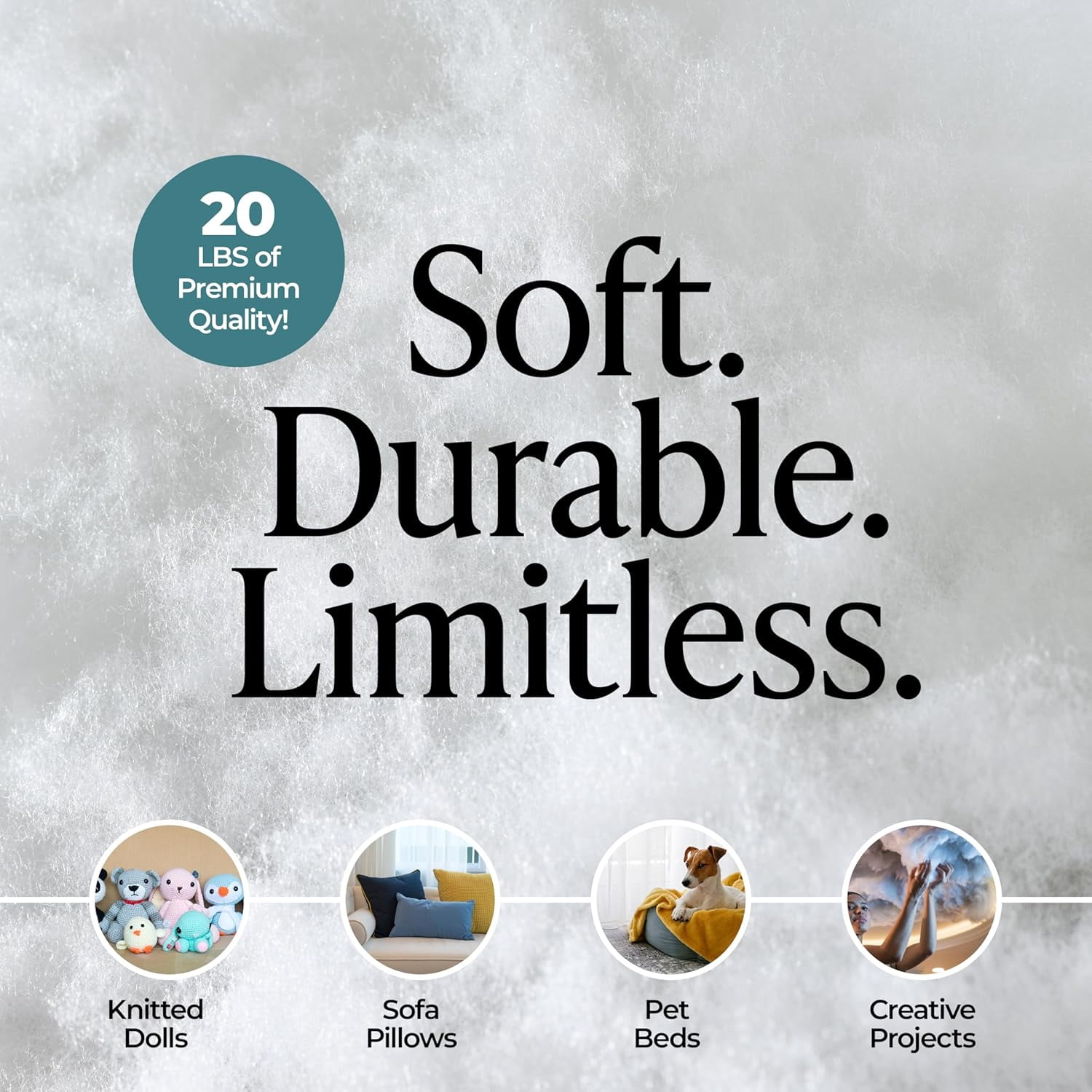 Poly Fiber Fill Stuffing 20 LB Bag - Premium Stuffing for Stuffed Animals, Pillows, Crafts, Toys, and Cloud Decorations - Ideal Batting for Couch Pillows