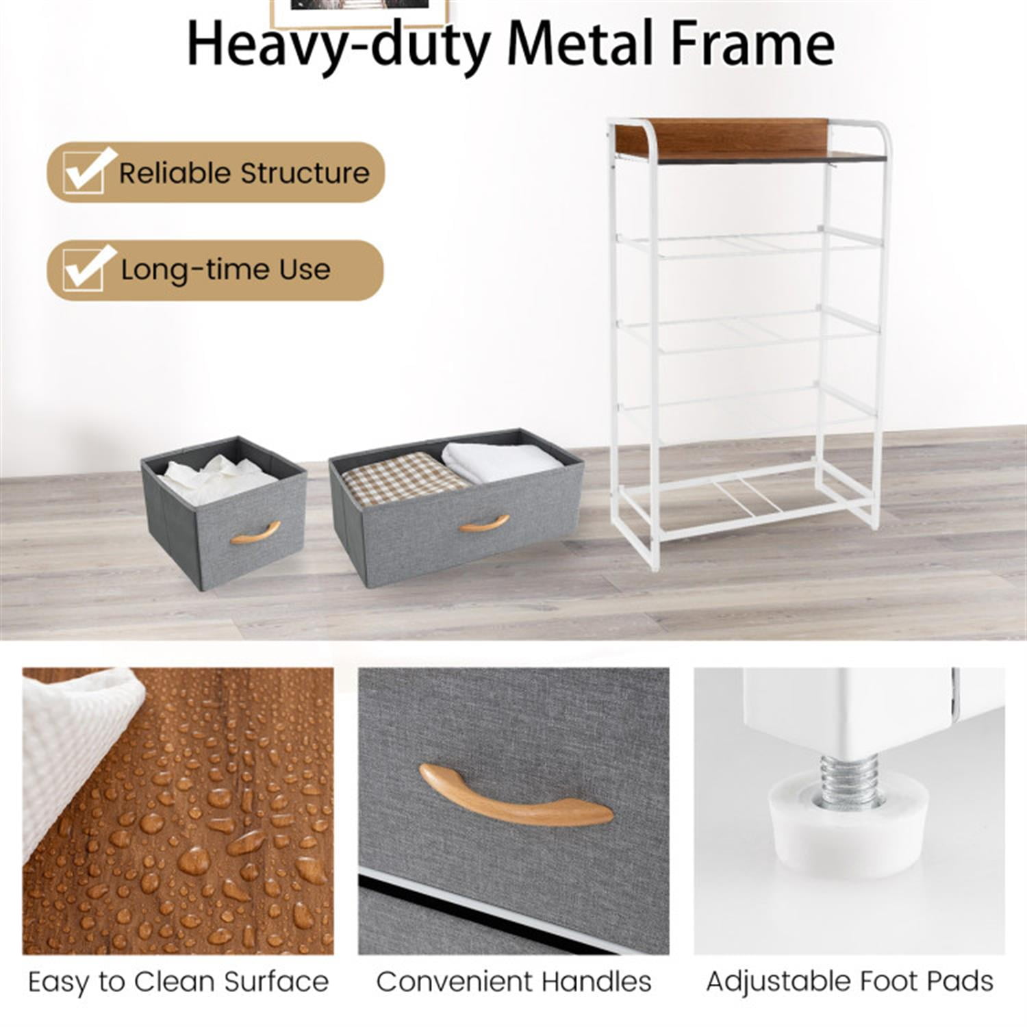 Demi Bonn Modern 5-Drawer Dresser with Wooden Handles and Top Storage, 4-Tier Organizer Tower Steel Frame for Bedroom, Hallway, Entryway, Gray