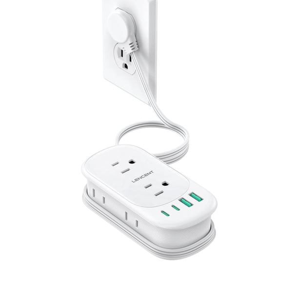  LENCENT Flat Power Strip with USB, Extension Cord 1.1M, 6 AC Outlets & 4 Ports (2 Type-C), 10-in-1 for Office Dorm Travel, White