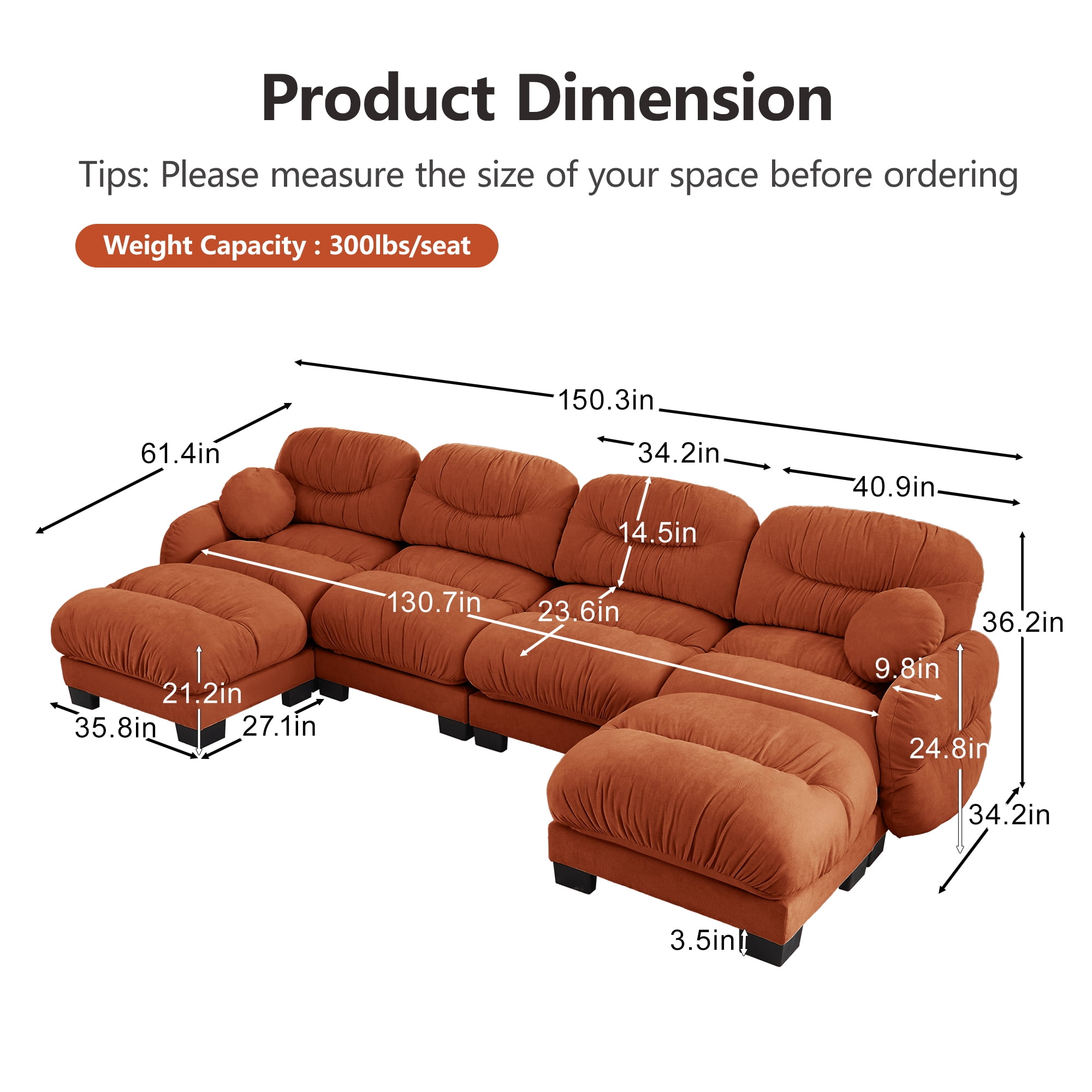 150" 4 Seater Sectional Couch Cozy Chenille U Shape Modular Sofa with 2 Ottoman and 2 Throw Pillows
