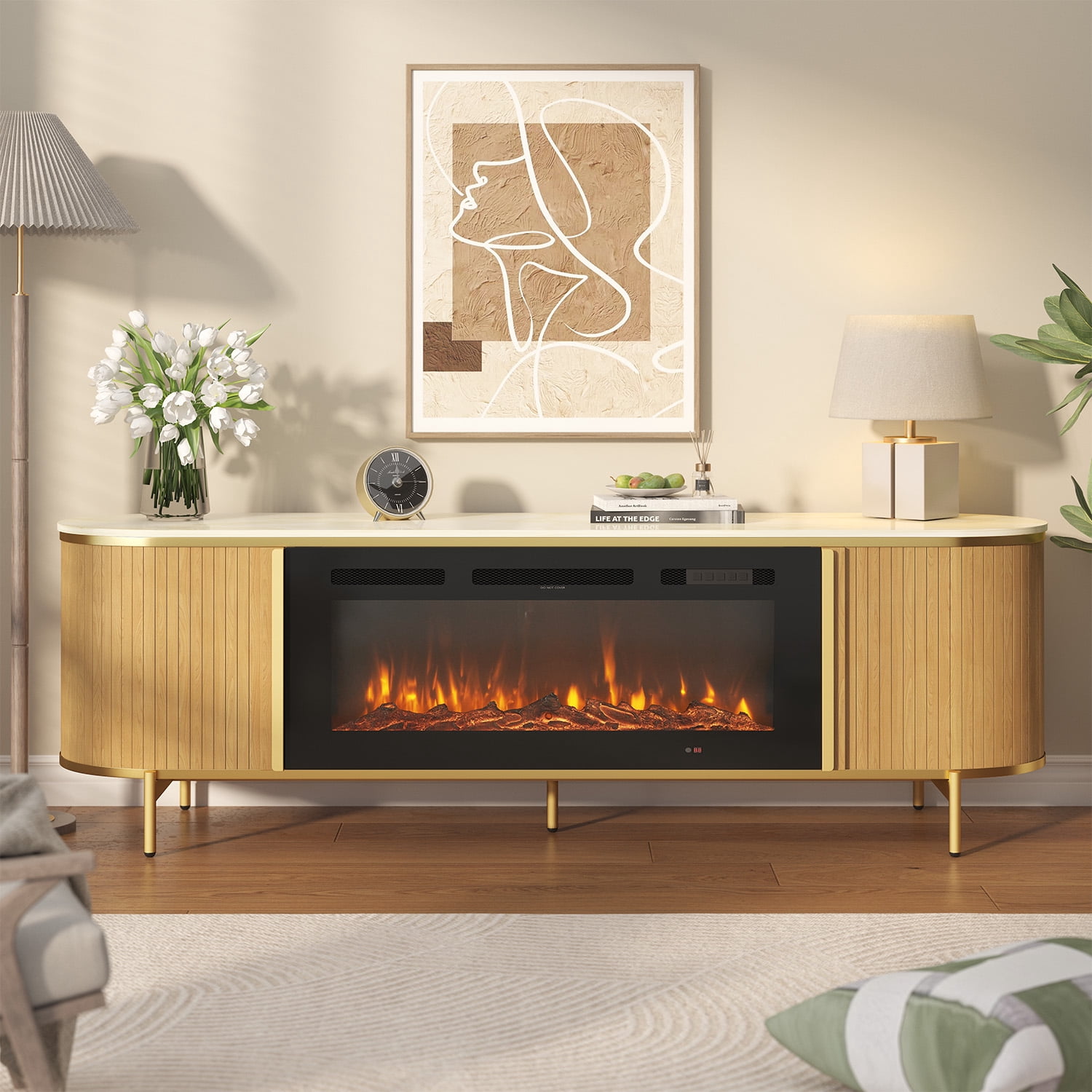 Sonegra 70" Fireplace TV Stand, Modern Entertainment Center for TVs Up to 80", TV Console Table for Living Room, Media Cabinet with Storage,70 Inch, Oak