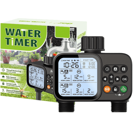 Sprinkler Timer, Smart Programmable Hose Water Timer with Auto Rain Delay, 3.15“ Large LCD Display Digital Irrigation for Plant, Yard. Lawns,2 Zone