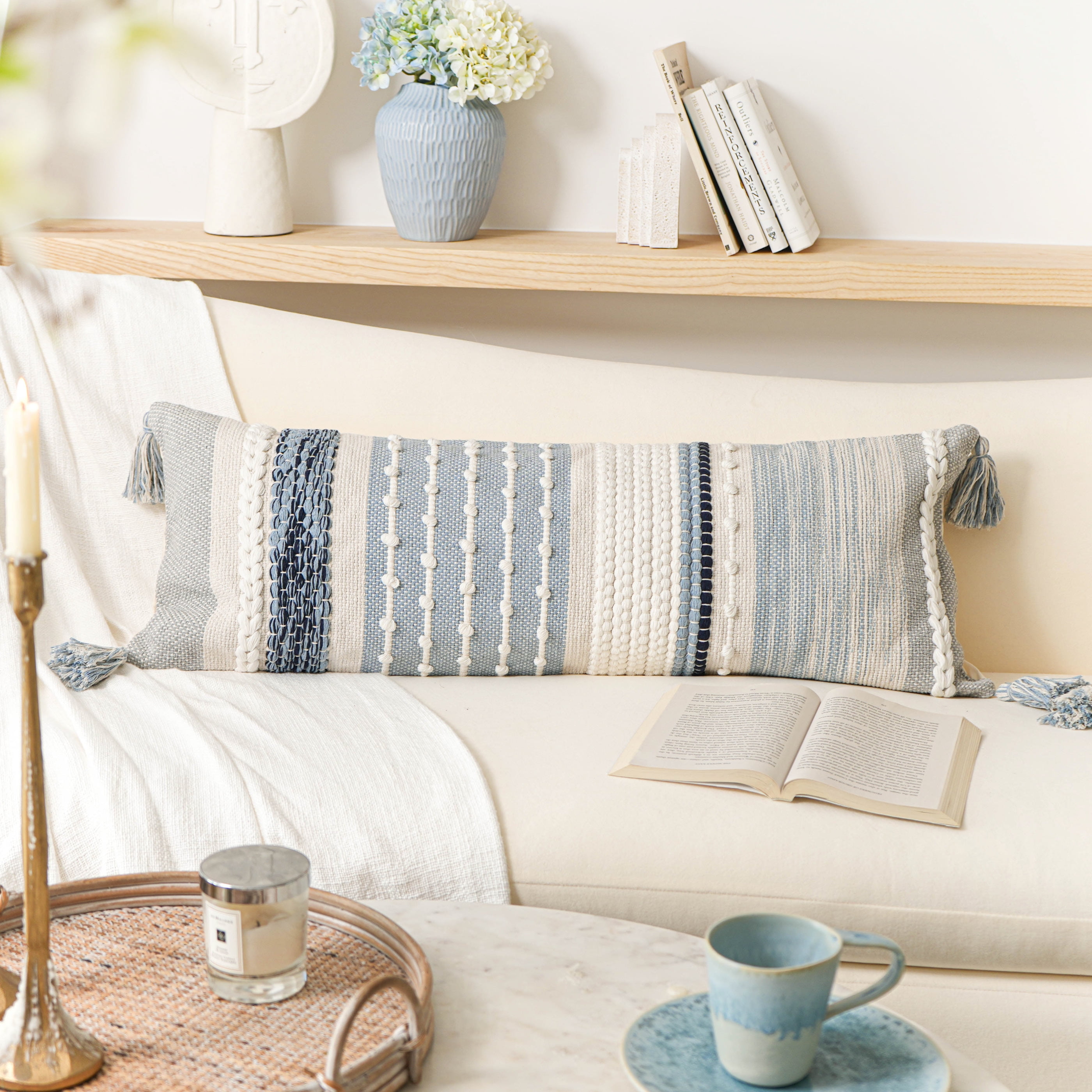 BlissBlush Coastal Blue Decorative Lumbar Pillow Cover 14x36 Boho Long Body Pillow for Bed Farmhouse Lumbar Throw Pillow for Couch Modern Accent Textured Throw Pillowcase