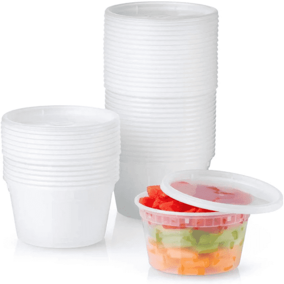 Vezee 16oz Deli Containers with Lids BPA-Free Plastic Storage Disposable/Reusable Cups (96 Sets)