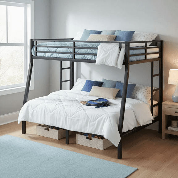 Heavy Duty Metal Bunk Bed, Full XL over Queen for Adults and Teens, Noise Free & Space Saving Design, No Box Spring Needed, Sturdy Frame with Safety Guardrail