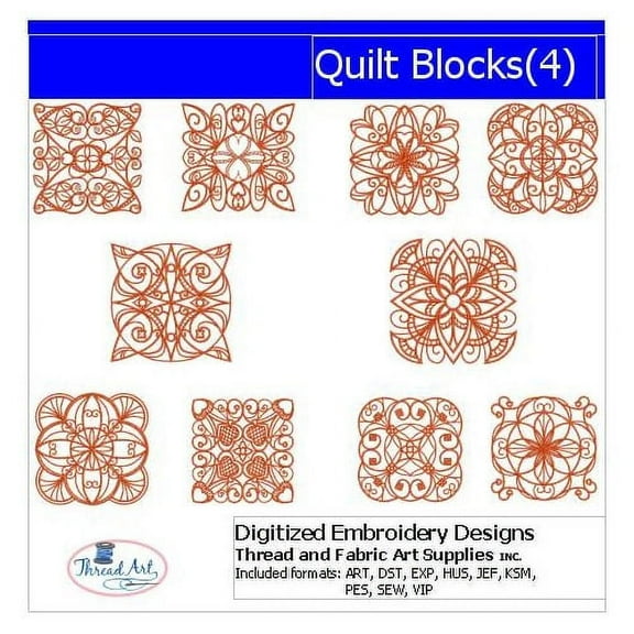 Quilt Blocks(4) Embroidery Designs - All Popular Formats Included - Loaded on USB Stick