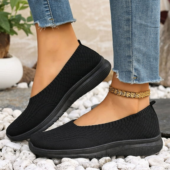 Domzle Women's Knit Flat Loafer Shoes 2026 Orthopedic Breathable Comfortable Non Slip Arch Support Soft Slip on Walking Shoes Travel Outdoor Work Daily Wear Casual Sneaker Black