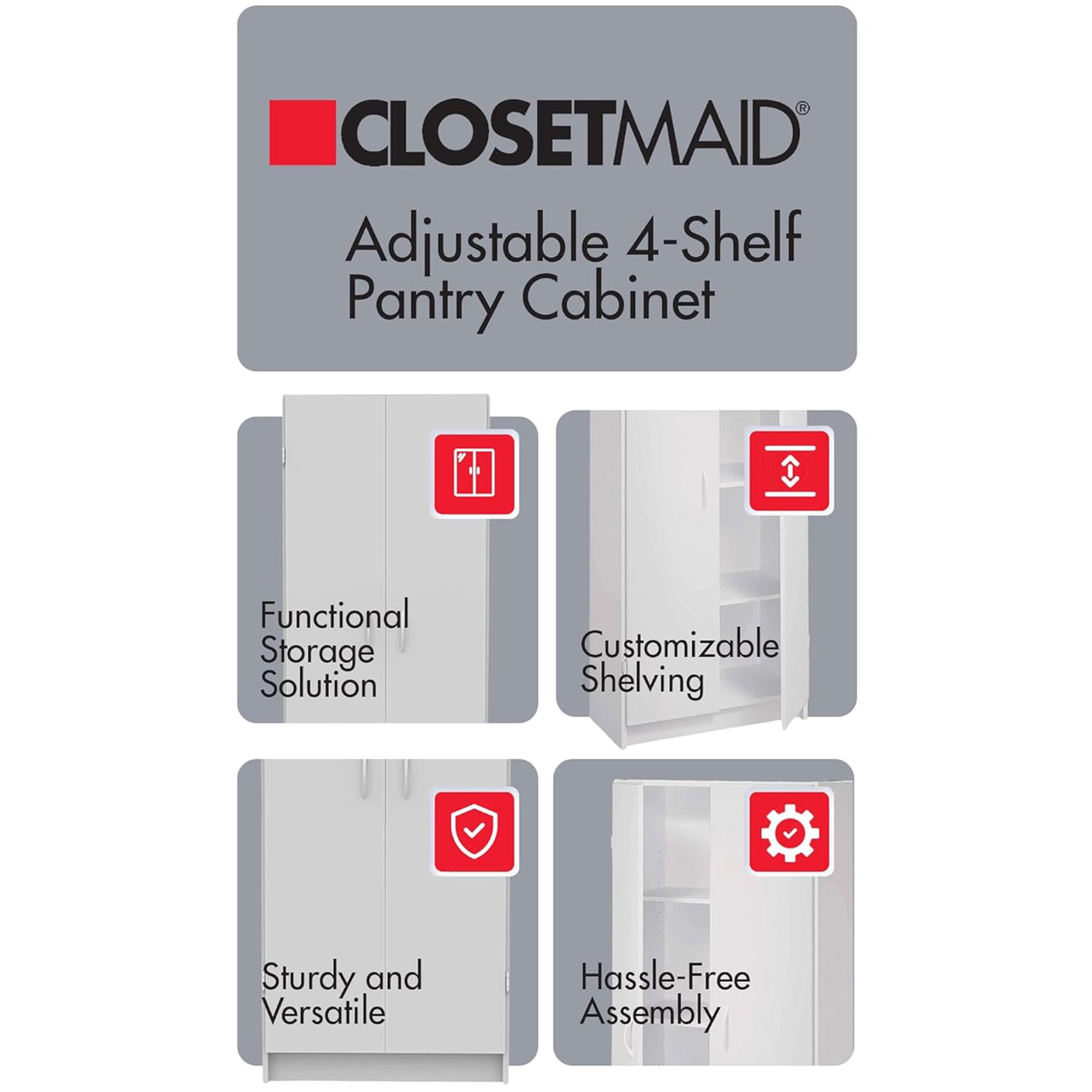 ClosetMaid Pantry Cabinet Cupboard with 2 Doors, Adjustable Shelves for Kitchen, White