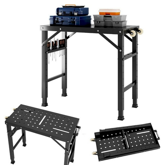 42"x21" Steel Welding Table with Wheels & Handle, 27.6"-36.4" Adjustable Height Folding Work Bench with 4/5 Inch Fixture Holes, 1000lbs Load Capacity