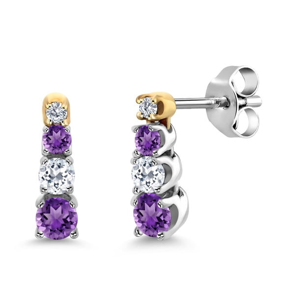Gem Stone King 0.42 Ct Round Purple Amethyst White Topaz and Created Moissanite 925 Silver and 10K Yellow Gold Earrings