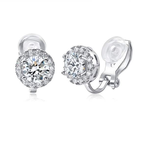 GEMSME Silver Earrings for Women Hypoallergenic Earrings 14K Gold Plated 6MM Round Halo Cubic Zirconia Earrings Clip Men Holiday Earrings Jewelry Gifts