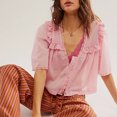thumbnail image 2 of Gupgi Women Mesh Shirts Summer Solid Color V-Neck Short Sleeve Ruffles Translucent Blouse Casual Loose Tops, 2 of 7