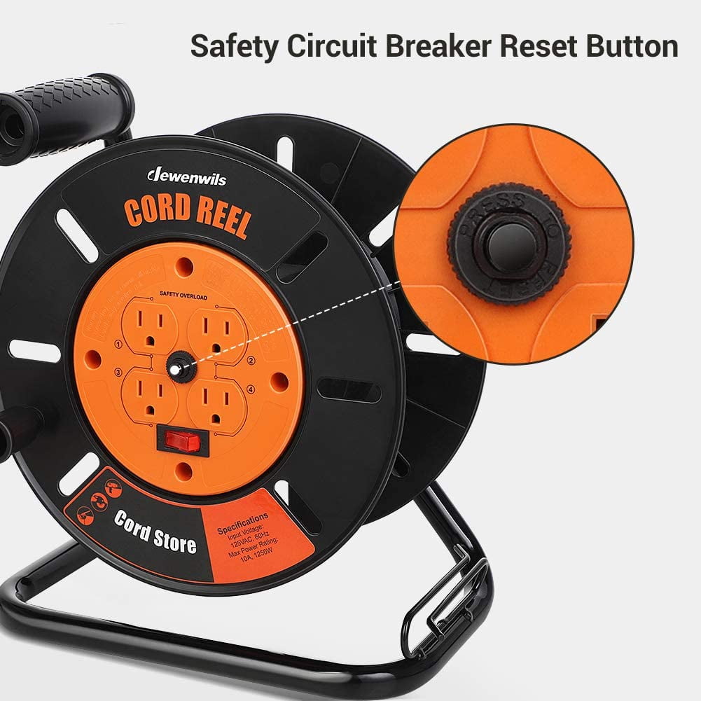 DEWENWILS Heavy Duty Cord Reel, 125V/1250W Portable Power with 4 x 5-15R Outlets, 10A Circuit Breaker, Illuminated ON/OFF Switch, Rotary Handle & Powder-Coated Iron Stand