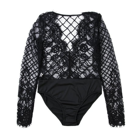 

Spring hue Women Lace Bodycon Bodysuit Long Sleeve Deep V Neck Perspective Lingerie Romper Mesh Tops