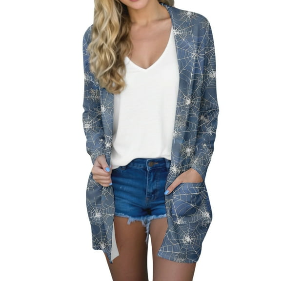 WTOBBY Women's Fashion Comfortable Halloween Printed Mid-Length Cardigan Jacket Casual Long Sleeve Open Front Cover Up With Pockets Fall Layering Piece,Dark Blue L