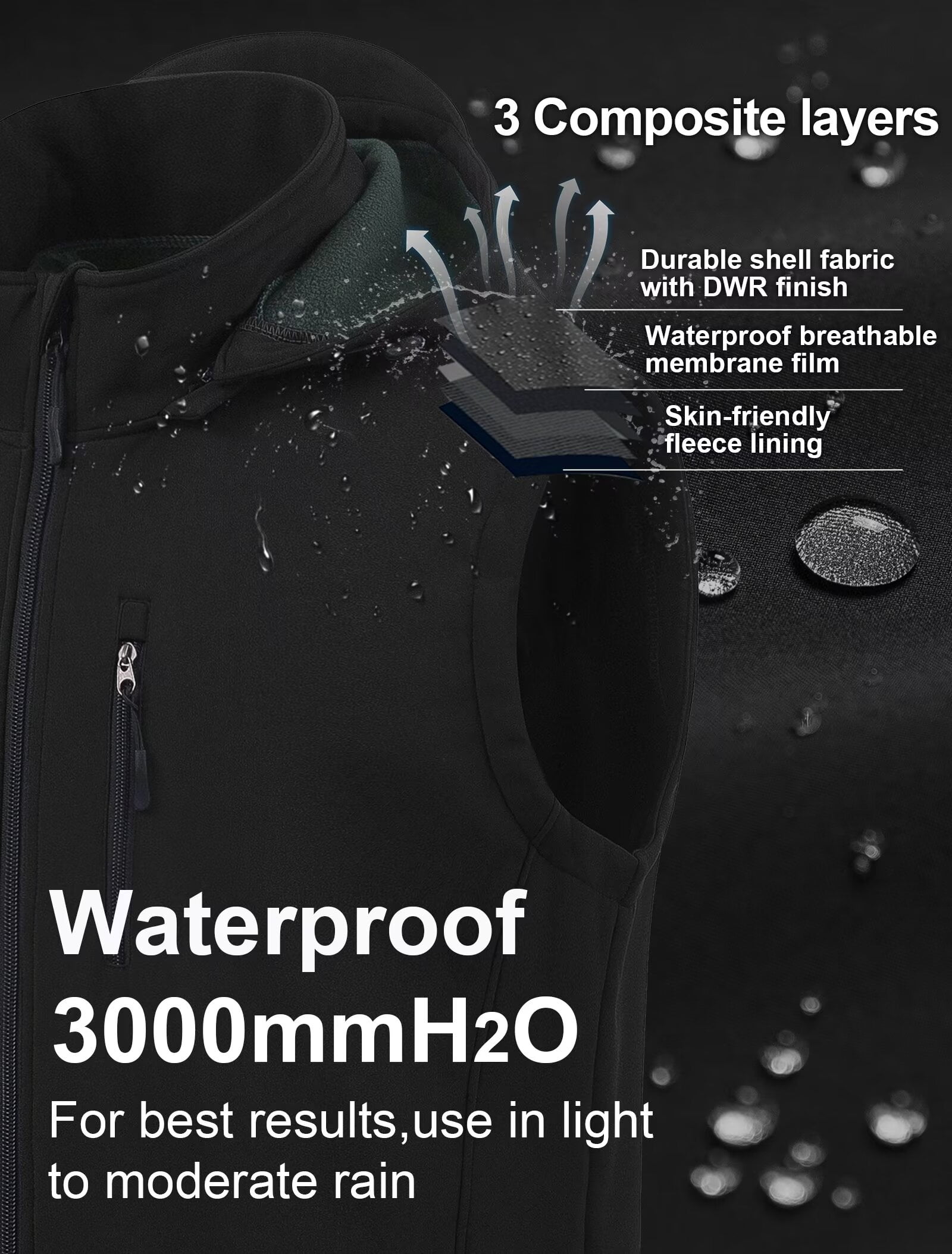 Chrisuno Men's Casual Plus Size Hooded Vest Lightweight Fishing Vest Golf Photography Hiking Shooting Travel Vest Black 3XL
