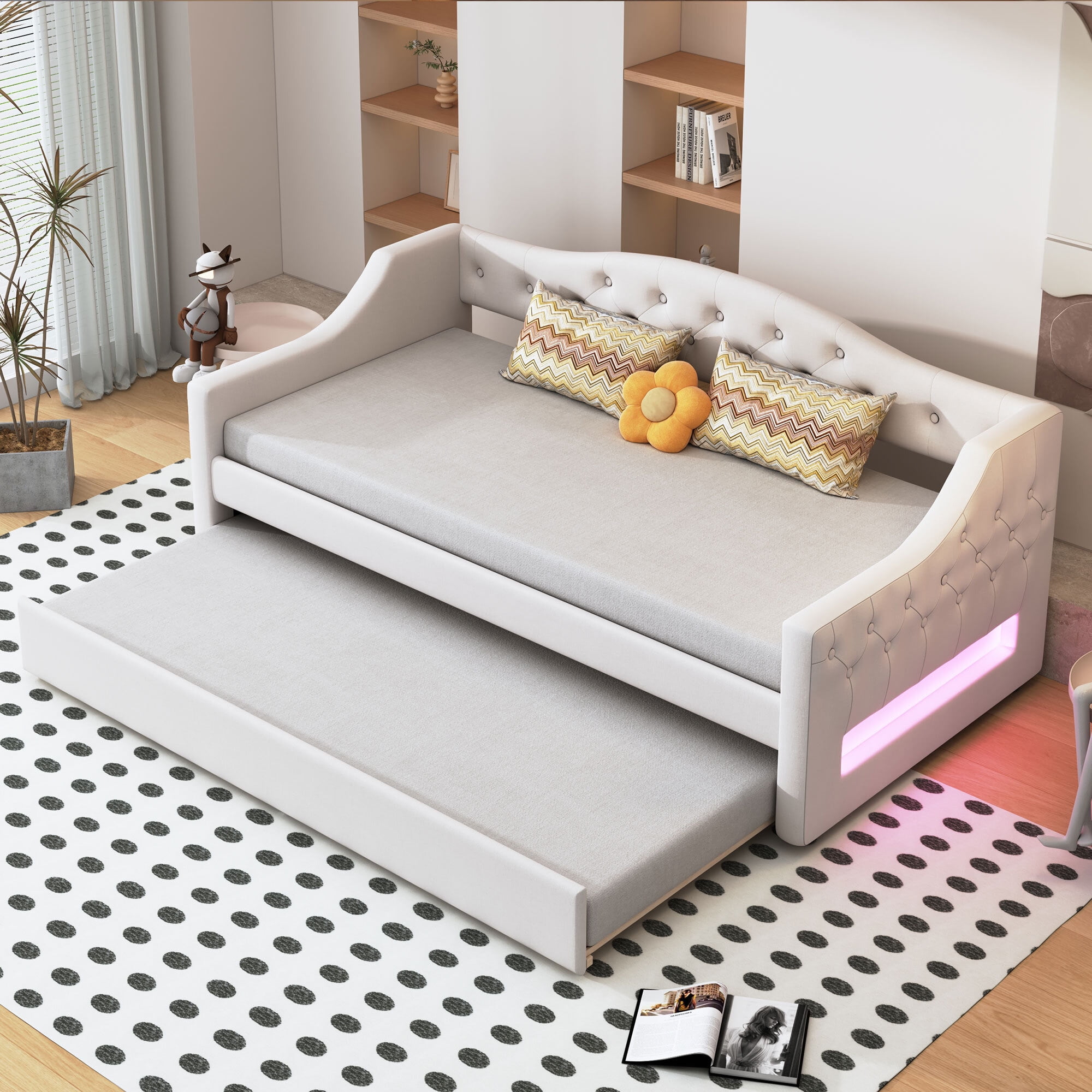 Euroco Upholstery Twin XL Daybed with Trundle and LED Light, Beige