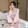 thumbnail image 1 of Pijama de seda de hielo para mujer con borde ondulado y lazo, manga larga, conjunto de ropa para el hogar Sense para primavera y otoño, 1 of 1