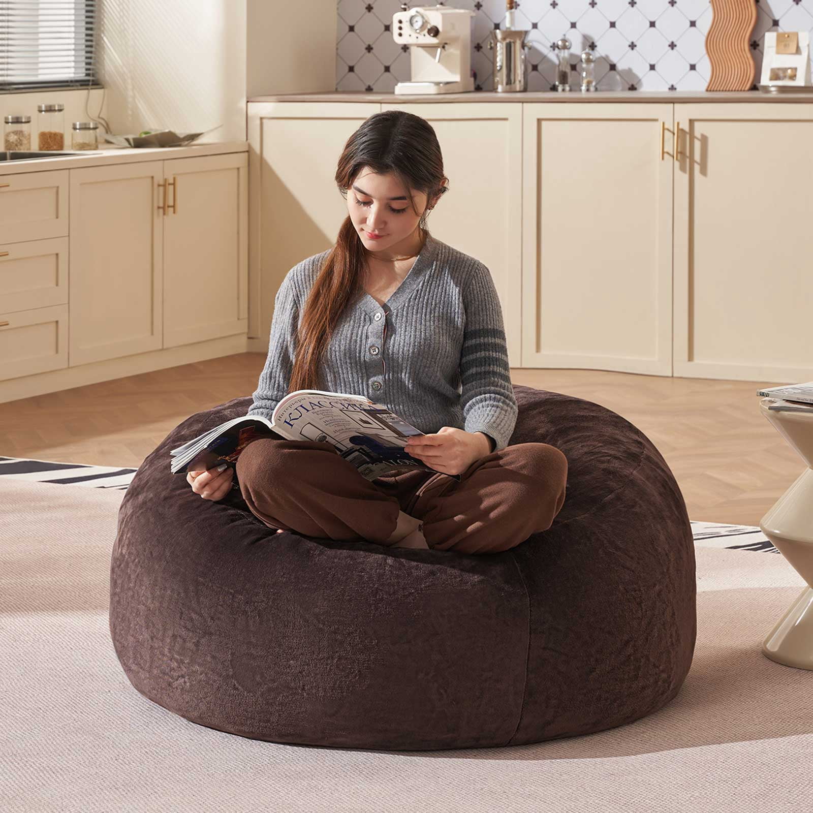 Bean Bag Chair 3FT,  Large Memory Foam Filled Chair for Adults and Teens, Soft Sofa with Removable Flannel Cover, Round Couch for Living Room Bedroom College Dorm
