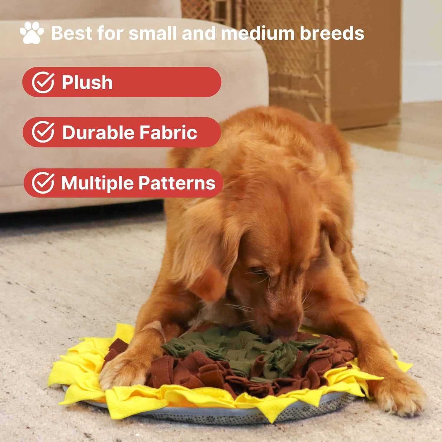 Snuffle Mat for Dogs, Large 19x19 Inch Plush Slow Feeder Mental Enrichment Toy, Interactie Foraging Puzzle to Reduce Anxiety & Boredom, Machine Washable Durable Chew Toy for All Breeds, Yellow