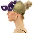 thumbnail image 2 of C.C Ponytail Criss Cross Messy Buns Ponycaps Baseball Cap Dad Trucker Mesh Hat (Tie Dye USA Stars Purple, 2 of 3