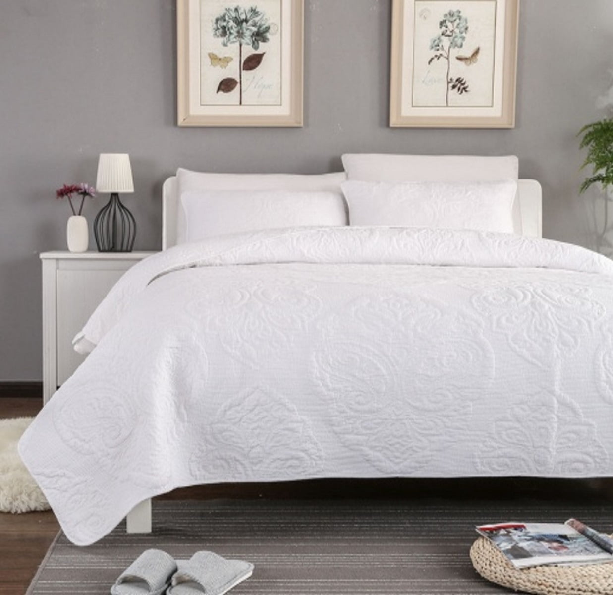 DBOZE 100% Cotton Lightweight Embroidered Quilt Set – Soft, Cozy Bedspread, High-Density Fabric, King/Cal King, White
