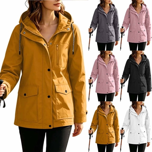 Women Casual Outdoor Jackets Plus Size Hooded Long Sleeve Solid Color Waterproof Jackets for Sports Hiking Casual Loose Windbreaker with Zippered Pockets
