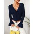 thumbnail image 2 of Weardear Women's V Neck Ruched Self-Tie T-Shirt Slim Fit Flare Long Sleeve Basic Tops, 2 of 5