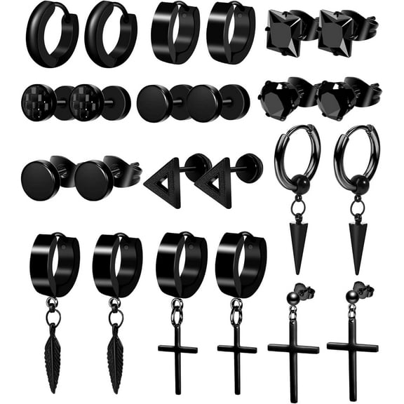 12 Pairs Earrings for Men Black Stud Earrings Mens Earrings Black Hoop Earrings Stainless Steel Earrings Set Jewelry Piercings for Men Women|Twelve pairs of black earrings for men, including black st