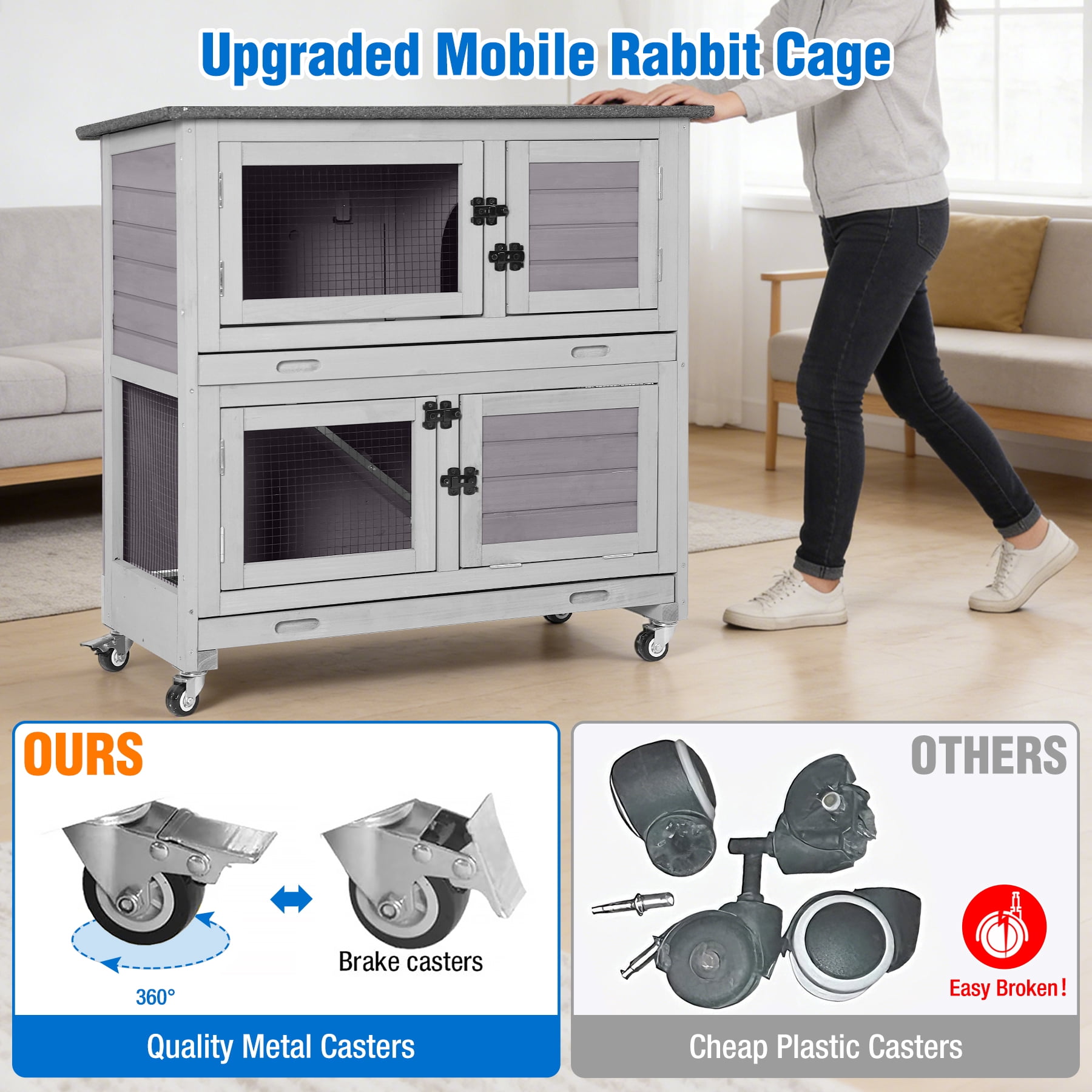Suumerpety Wooden Rabbit Hutch on Wheels Indoor Outdoor Rabbit Cage 2 Story Bunny Hutch with Leakproof Tray Anti Chew Ramp 36"L Guinea Pig Cage Gray