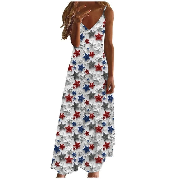 American Flag Maxi Dress for Women Patriotic Sleeveless 4th of July Long Dress Star Print Independence Day Outfit