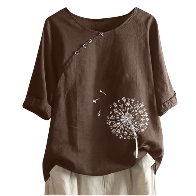 Mujeres 1/2 Manga Casual Cuello Redondo Impreso Botón Suelto Túnica Camisa Blusa Tops Fridja hjk817
