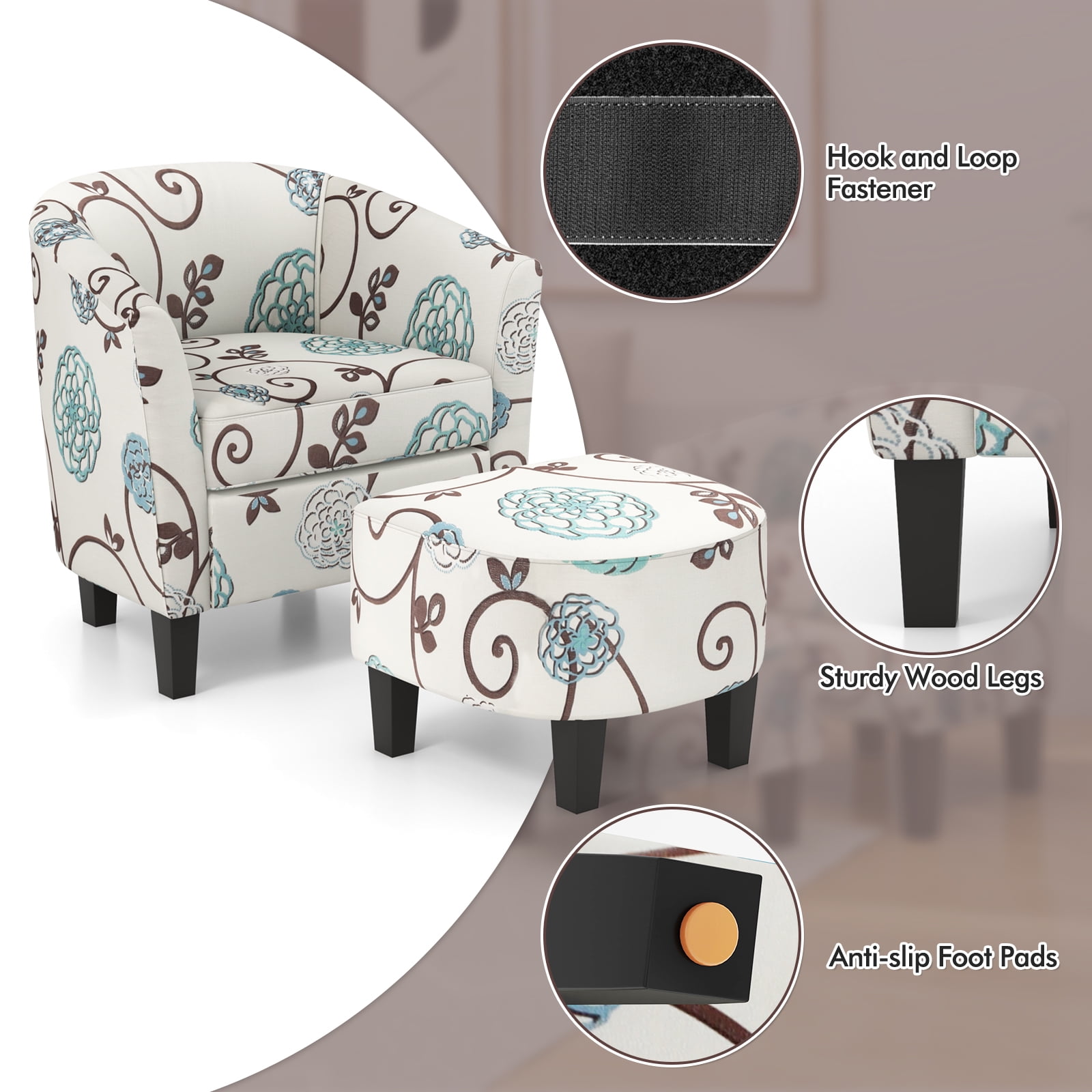 Gymax Modern Accent Tub Chair&Ottoman Set Fabric Upholstered Club Chair Grey Floral