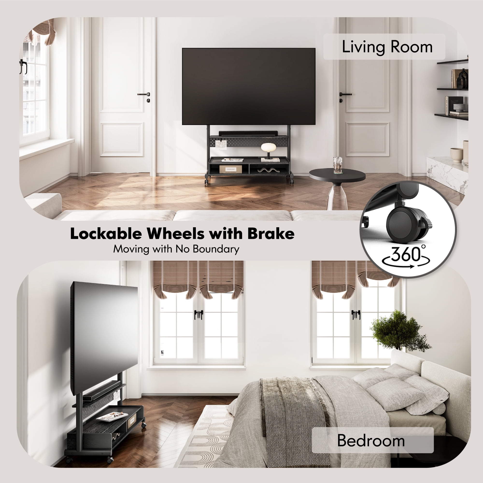 FITUEYES Rolling TV Stand with Wheels for 70-100 inch TVs,with Two Wooden Large Storage,Black