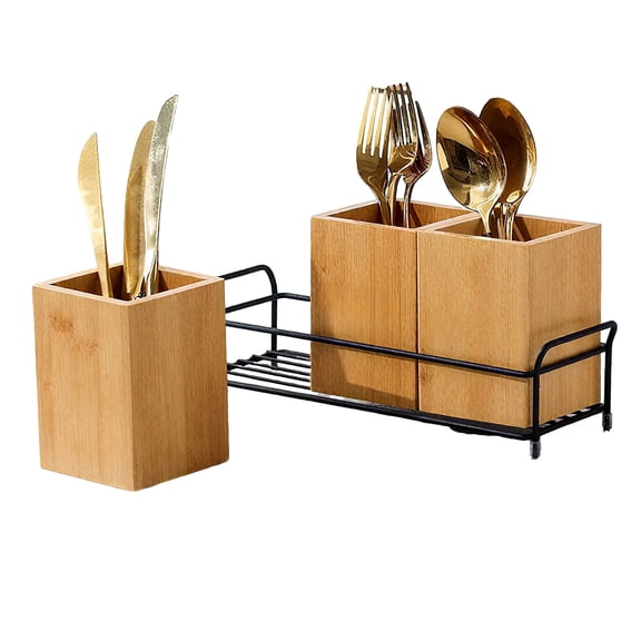 DSstyles Stylish Bamboo and Wood Kitchen Utensil Holder – 3 Detachable Compartments with Portable Handles – Countertop Silverware Organizer for Kitchen Parties – Wood Color, 12.5x3.7x5"