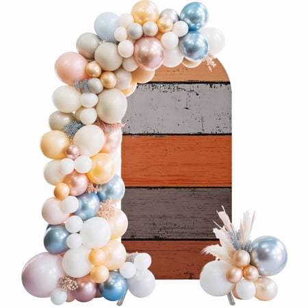 Orange Wooden Arch Backdrop Cover 7.2Ft, Wedding Arch Covers Stretchy Backdrop, Grey Stripe Gradient Country Rustic Grain Fitted 2 Sided Arched Photo Background for Birthday Party Decorations