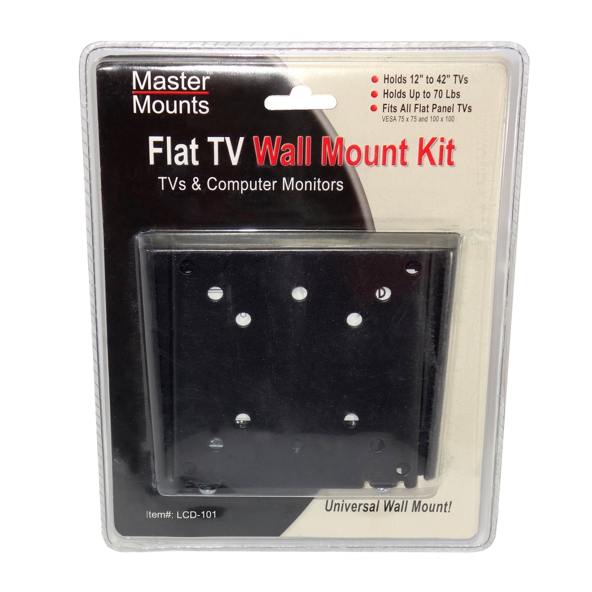 Master Mounts 101 Fixed Flat TV Wall Mount -- LED LCD Fits TVs with Screen Sizes up to 42" Holds up to 70 lbs, VESA 50x50 75x75 100x100 (Black)