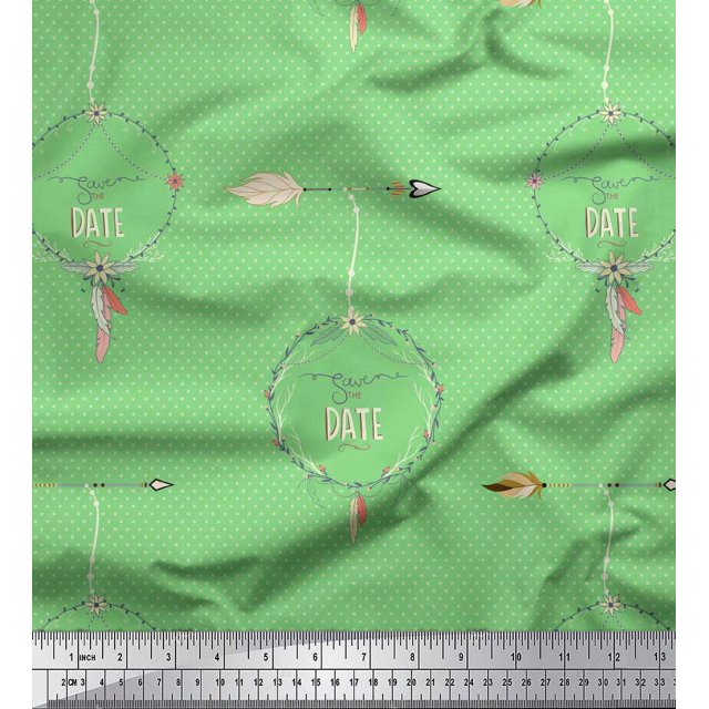 Soimoi Green Rayon Fabric Dot,Arrow & Save The Date Text Print Fabric by the Yard 42 Inch Wide