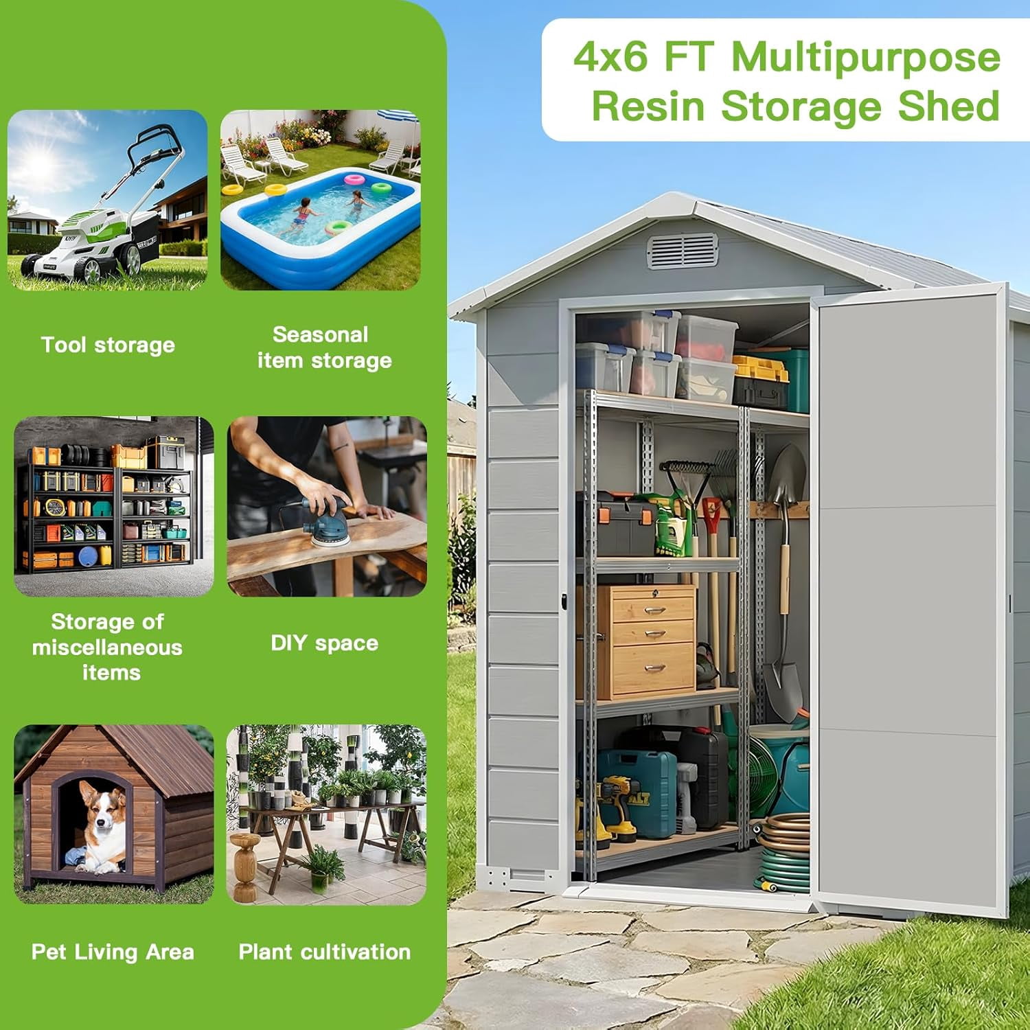 4x6 FT Outdoor Storage Shed,Resin Storage Shed with Floor, Window, Vent, Rainwater Drainage & Lockable Door - All-Weather Garden House for Backyard, Garden,Poolside,Bike,Lawn Mower,Patio Furniture